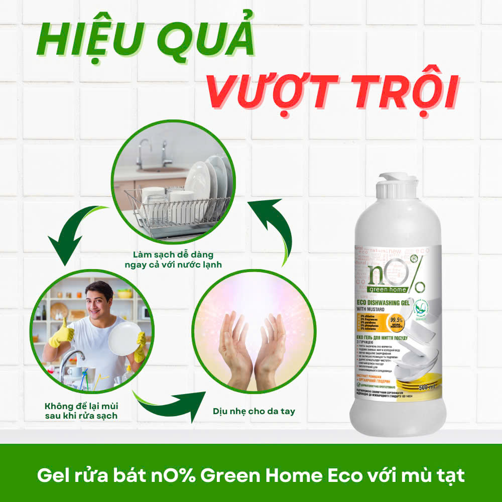 Gel Rửa Chén Bát nO% Green Home với Mù Tạt 500ml – Giải Pháp Làm Sạch Hiệu Quả